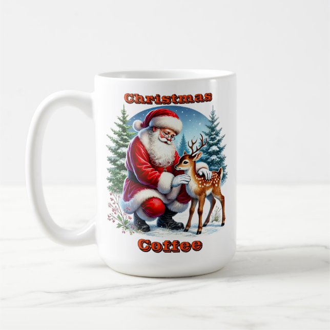 Santa and a Young Reindeer in Winter Coffee Mug (Left)