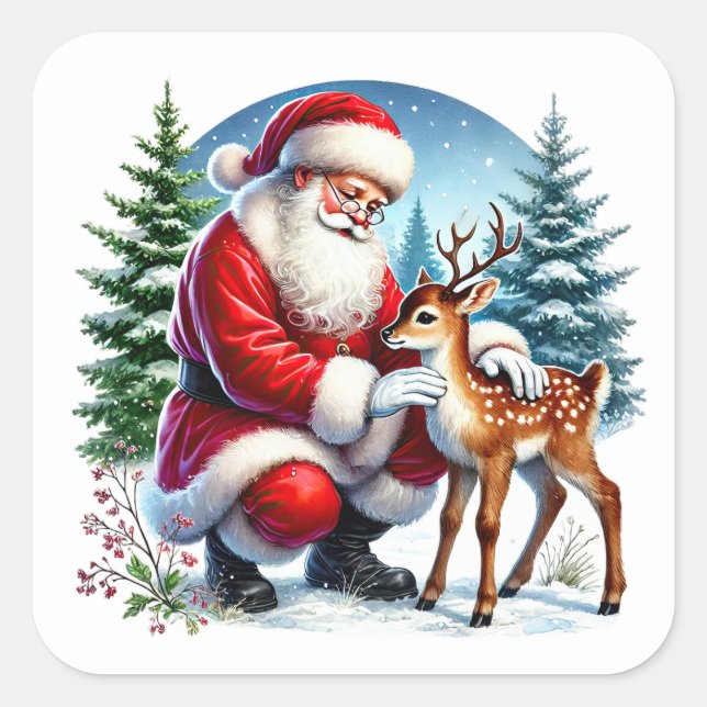 Santa and a Young Reindeer in Winter Square Sticker (Front)
