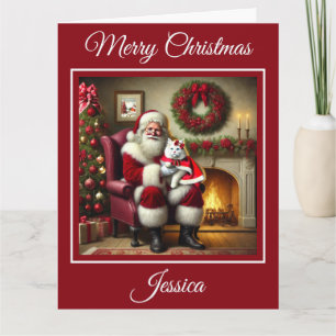 Santa and Beautiful White Cat Card