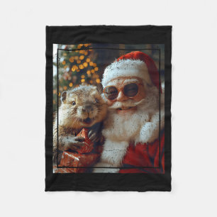 Santa And Beaver Selfie Funny Christmas Design Fleece Blanket