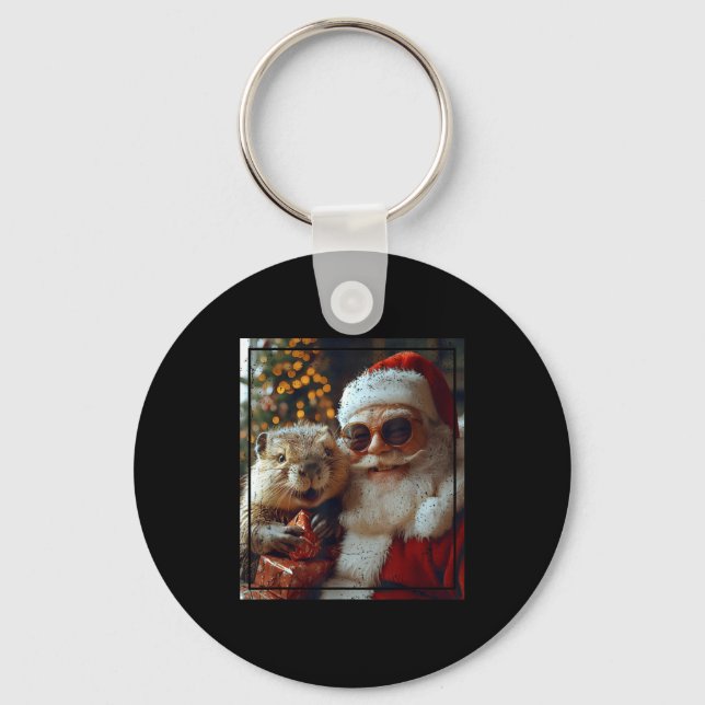Santa And Beaver Selfie Funny Christmas Design  Keychain (Front)