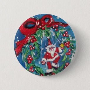 SANTA AND CHRISTMAS NIGHT CROWN WITH RED RIBBON 2 INCH ROUND BUTTON
