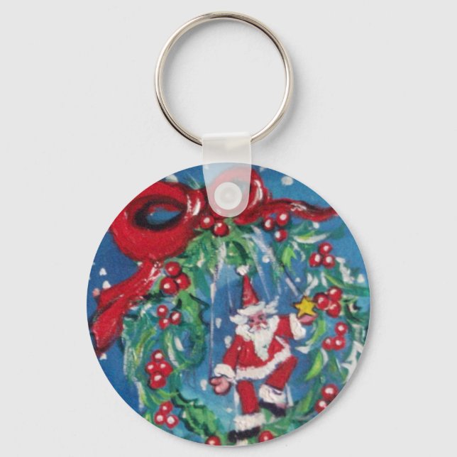 SANTA AND CHRISTMAS NIGHT CROWN WITH RED RIBBON KEYCHAIN (Front)