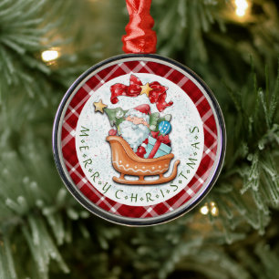Santa and Christmas Sleigh Ceramic Circle Ornament