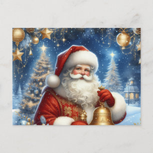 Santa and Christmas tree, blue & gold Postcard
