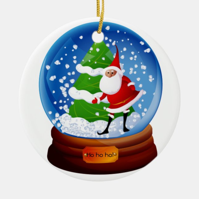 Santa and Christmas Tree Snow Globe Add Your Name Ceramic Ornament (Front)