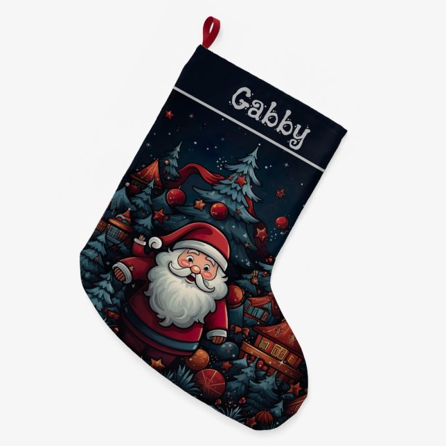 Santa and Christmas Trees  Large Christmas Stocking (Front (Hanging))