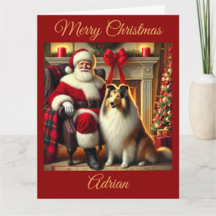 Santa and Collie in Festive Christmas Scene Card