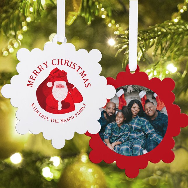 Santa and custom photo and name  ornament card (Creator Uploaded)