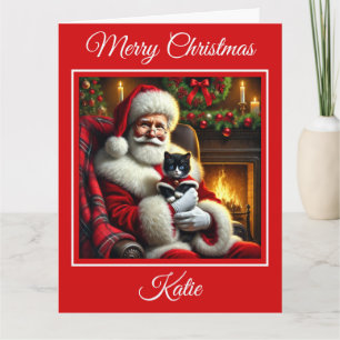 Santa and Cute Black and White Kitten Card