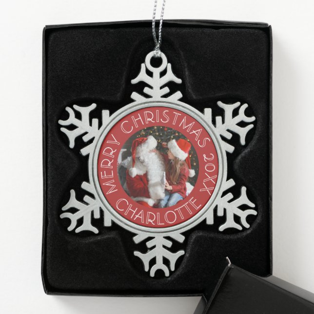 Santa And Daughter Photo | Red  Snowflake Pewter Christmas Ornament (Box)
