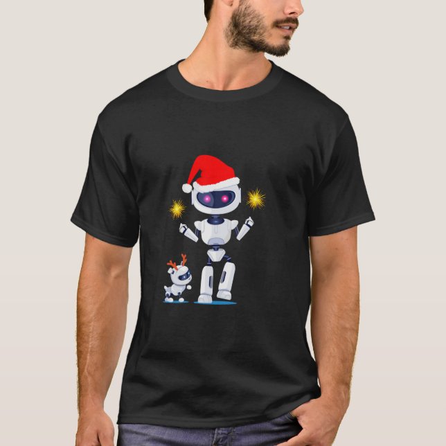 Santa And Deer Robots Funny Geeky Merry Christmas  T-Shirt (Front)