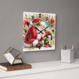 Santa And Elf 6 Square Wall Clock