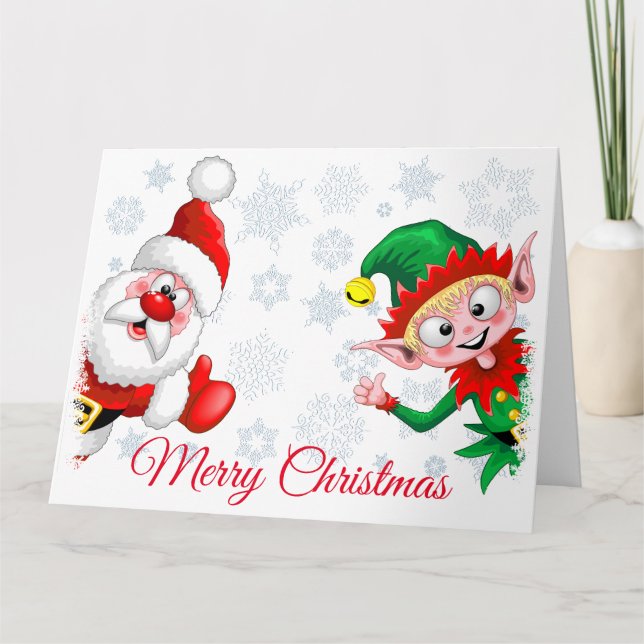 Santa and Elf Christmas Characters Thumbs Up  Card (Front)
