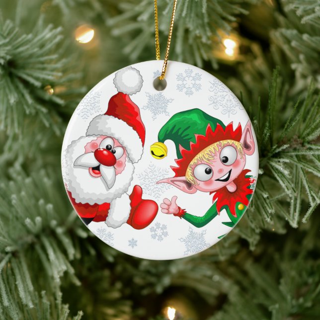 Santa and Elf Christmas Characters Thumbs Up   Ceramic Ornament (Tree)