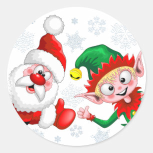 Santa and Elf Christmas Characters Thumbs Up  Classic Round Sticker