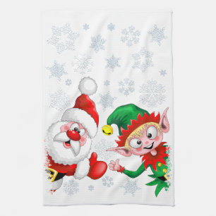 Santa and Elf Christmas Characters Thumbs Up  Kitchen Towel