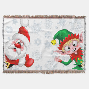 Santa and Elf Christmas Characters Thumbs Up  Throw Blanket