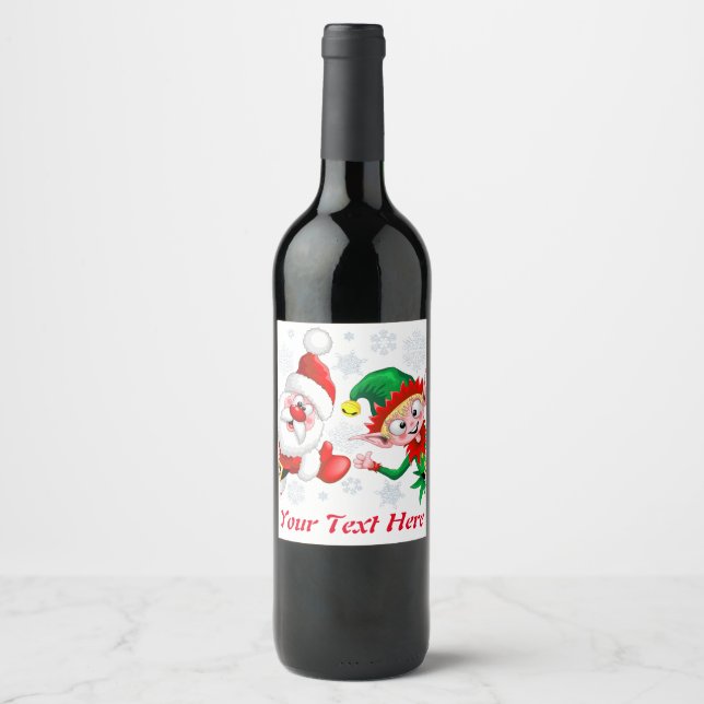Santa and Elf Christmas Characters Thumbs Up  Wine Label (Front)