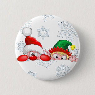 Santa and Elf Cute and funny Characters Peeking   2 Inch Round Button