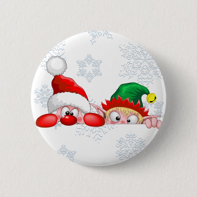 Santa and Elf Cute and funny Characters Peeking   2 Inch Round Button (Front)