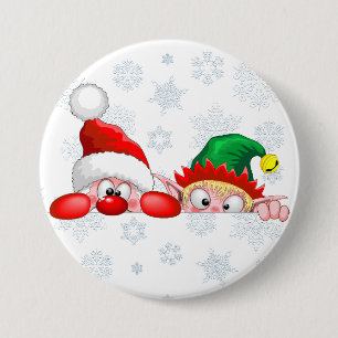 Santa and Elf Cute and funny Characters Peeking  3 Inch Round Button