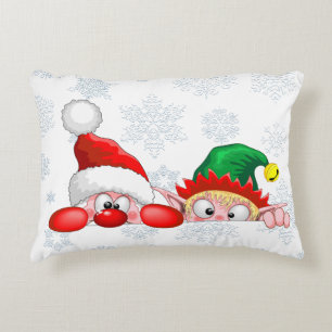 Santa and Elf Cute and funny Characters Peeking   Accent Pillow