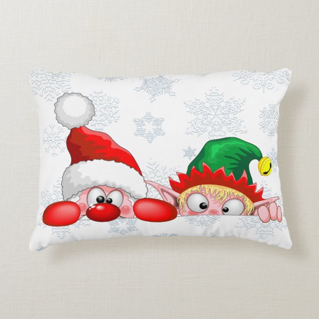 Santa and Elf Cute and funny Characters Peeking  Accent Pillow (Front)