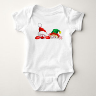 Santa and Elf Cute and funny Characters Peeking  Baby Bodysuit