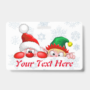 Santa and Elf Cute and funny Characters Peeking  Badge