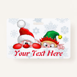 Santa and Elf Cute and funny Characters Peeking  Badge