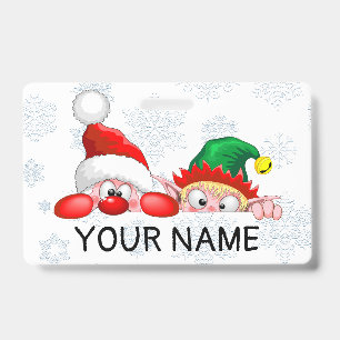 Santa and Elf Cute and funny Characters Peeking   Badge