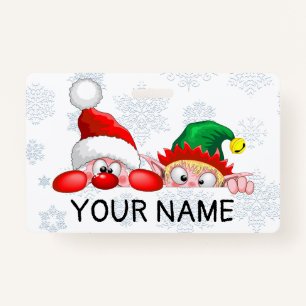 Santa and Elf Cute and funny Characters Peeking   Badge