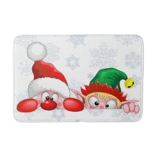 Santa and Elf Cute and funny Characters Peeking Bath Mat