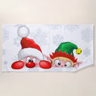 Santa and Elf Cute and funny Characters Peeking   Beach Towel