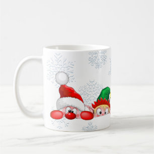 Santa and Elf Cute and funny Characters Peeking   Coffee Mug