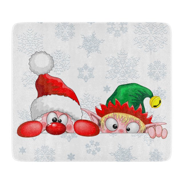 Santa and Elf Cute and funny Characters Peeking  Cutting Board (Front)