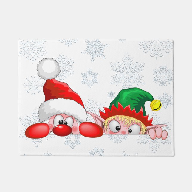 Santa and Elf Cute and funny Characters Peeking   Doormat (Front)