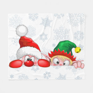 Santa and Elf Cute and funny Characters Peeking  Fleece Blanket