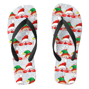 Santa and Elf Cute and funny Characters Peeking  Flip Flops