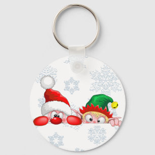 Santa and Elf Cute and funny Characters Peeking Keychain
