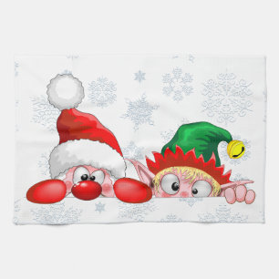 Santa and Elf Cute and funny Characters Peeking   Kitchen Towel