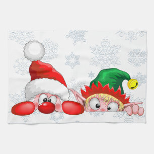 Santa and Elf Cute and funny Characters Peeking   Kitchen Towel