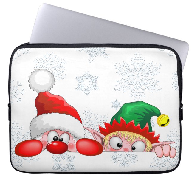 Santa and Elf Cute and funny Characters Peeking  Laptop Sleeve (Front)