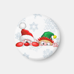 Santa and Elf Cute and funny Characters Peeking  Magnet