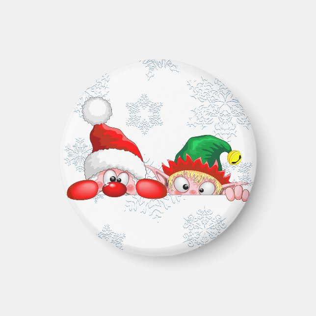 Santa and Elf Cute and funny Characters Peeking  Magnet (Front)