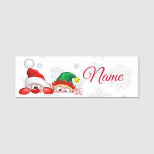 Santa and Elf Cute and funny Characters Peeking Name Tag
