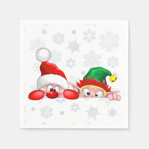 Santa and Elf Cute and funny Characters Peeking Napkin
