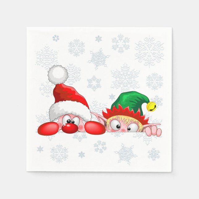 Santa and Elf Cute and funny Characters Peeking  Napkin (Front)