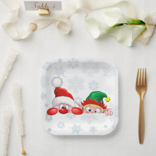 Santa and Elf Cute and funny Characters Peeking   Paper Plate